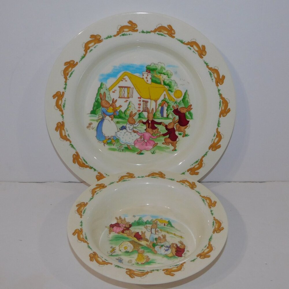 Royal Doulton Bunnykins Melamine Child Plate and Bowl Set Bunnies Dance VTG 2002